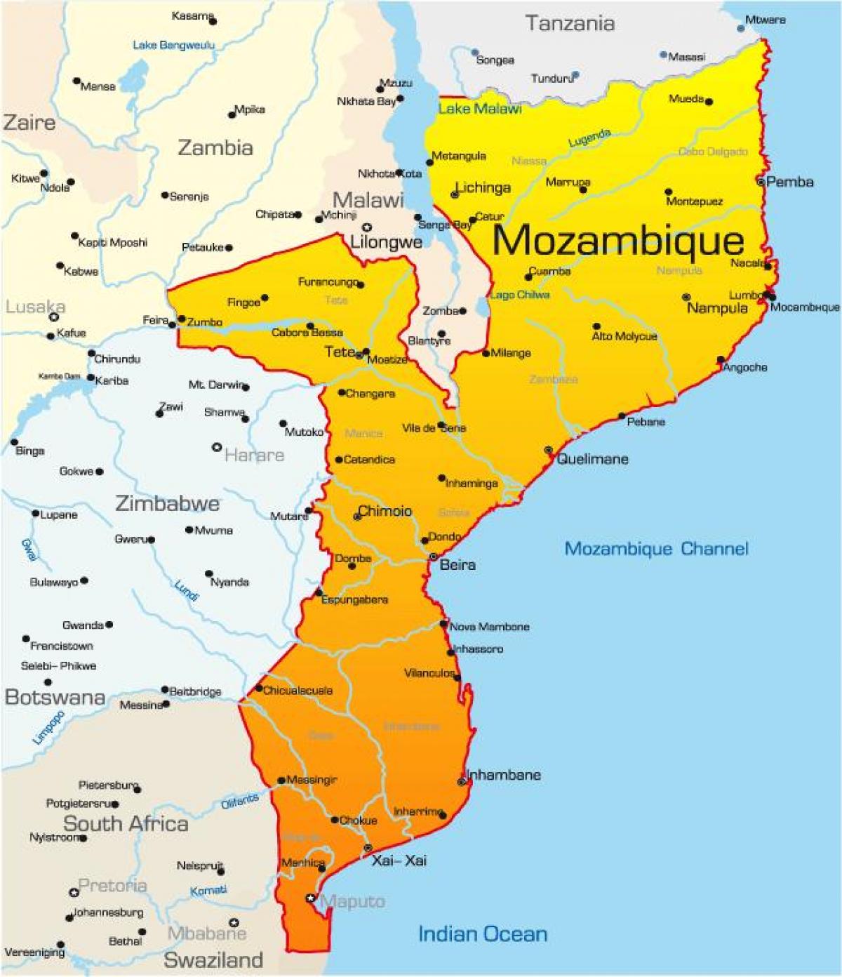 kartes Mozambikas kartes ar distancēm