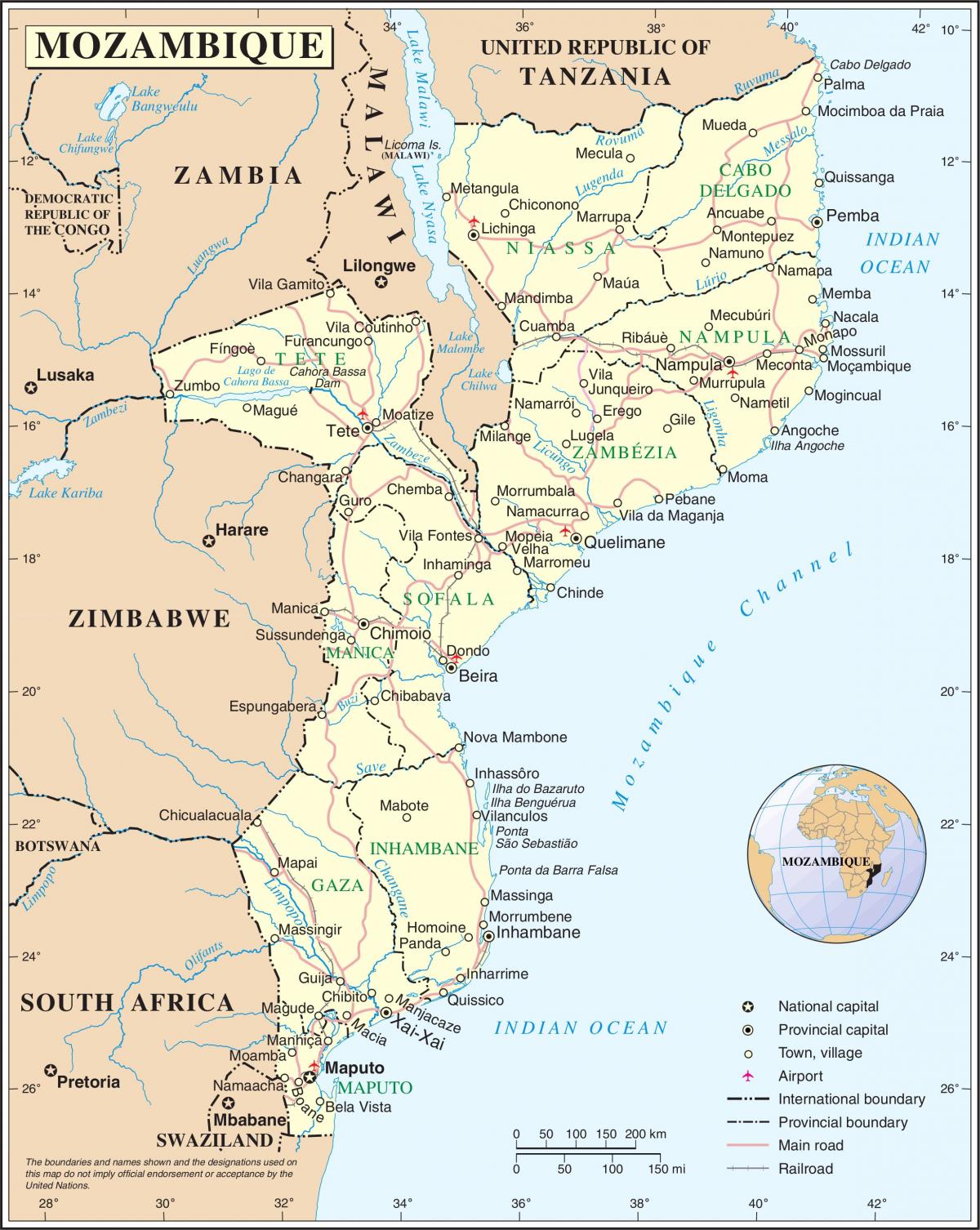 lidostas Mozambikā kartē