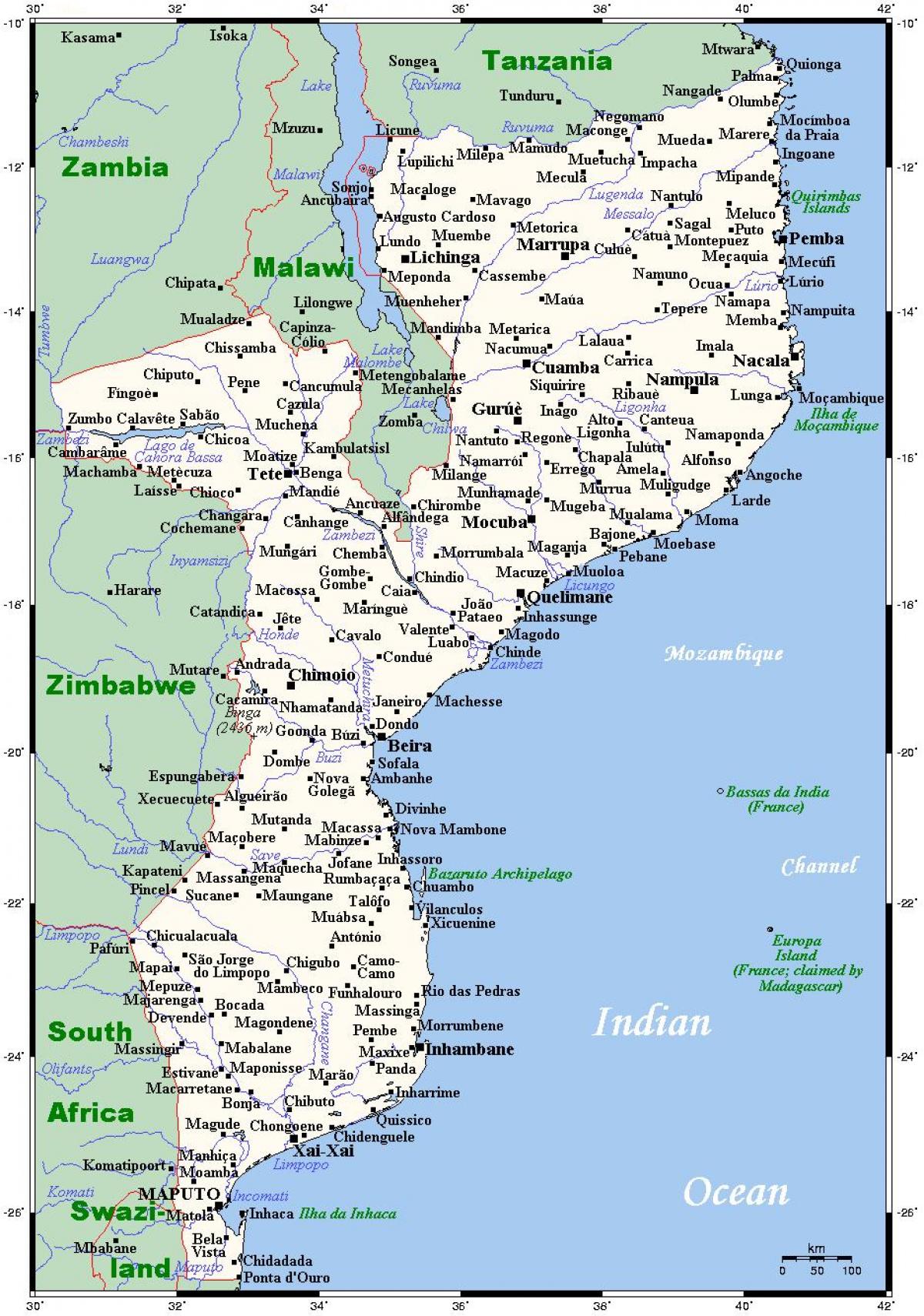 kartes Mozambikas pilsētu